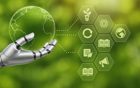 Modular thematic domains around a green globe, representing structured focus pillars.